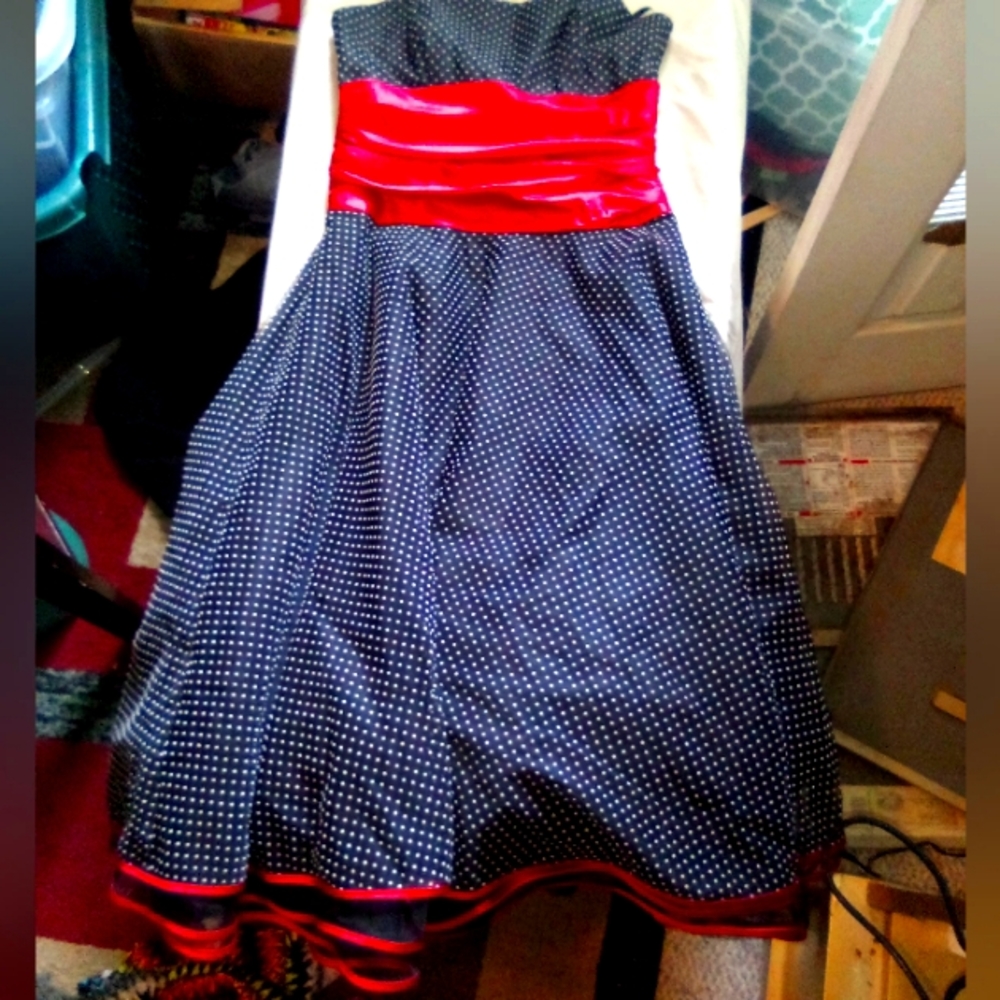 Masquerade ~~black and white polka dot with red fish size 7/8 cocktail dress